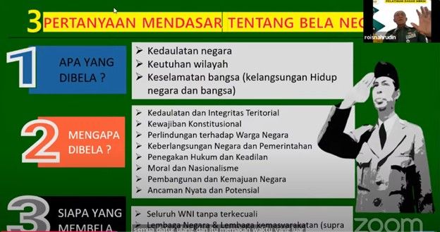 Narasumber dari unsur TNI mengupas tentang bela negara di hadapan mahasiswa yang mengikuti Pelatihan Dasar MBKM UNESA.