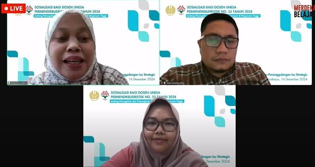 Direktur PPIS dan jajaran Satgas PPKS UNESA memberikan materi sosialisasi khususnya sejumlah poin penting yang ditekankan dalam Permendikbudristek 55/2024.