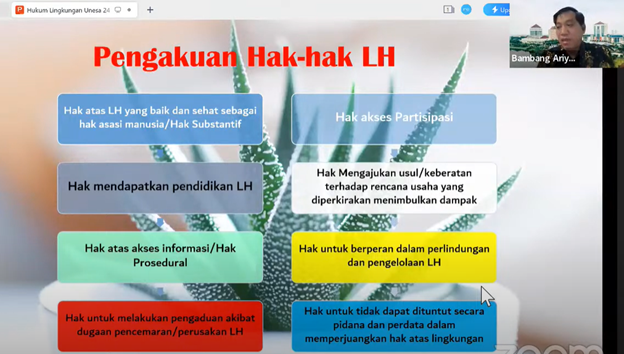 Bambang Ariyanto, dosen hukum UHT Surabaya menyampaikan materi Hukum Lingkungan dalam Kuliah Tamu KSDAL UNESA.